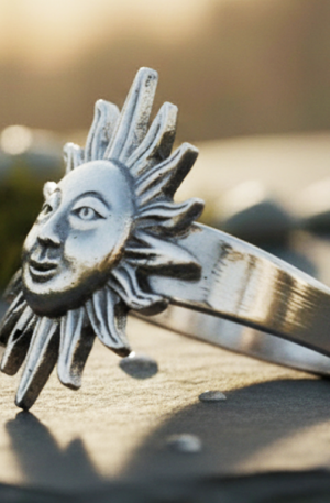 Anillo de plata sol .925 con diseño de sol y rostro en relieve, vista tres cuartos, acabado artesanal y brillo natural