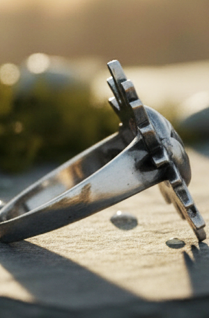 Anillo de plata sol .925 diseño sol visto de perfil, detalle del grosor y acabado pulido de la banda