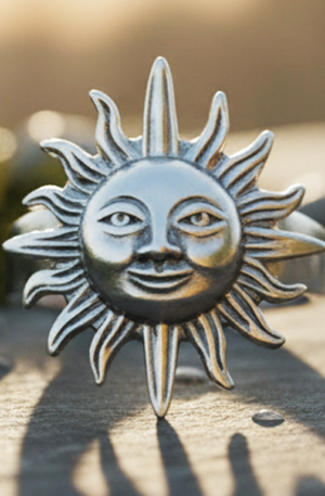 Anillo de plata sol .925 rostro detallado en relieve, joya artesanal de estilo simbólico